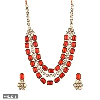 Crystal Stone Trendy Necklace Set With Earring - Red-thumb5