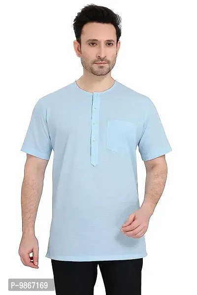 Fashtastic Men's Sky Blue Cotton Short Kurta (Sadra)- 3XL