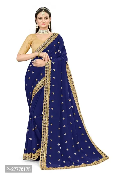 Stylish Georgette Navy Blue Embroidered Saree with Blouse piece