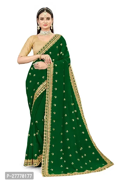 Stylish Georgette Green Embroidered Saree with Blouse piece