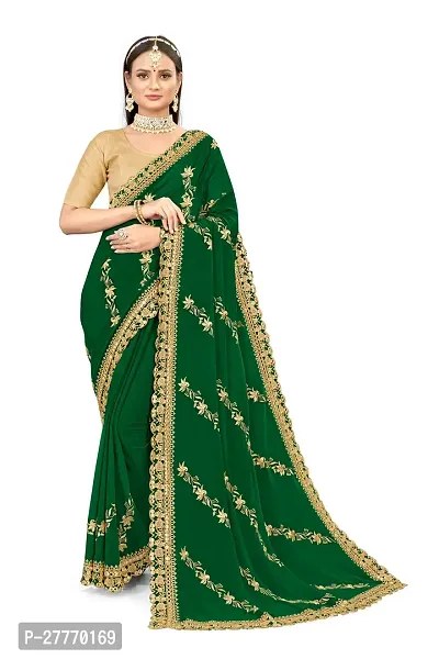 Stylish Georgette Green Embroidered Saree with Blouse piece-thumb0