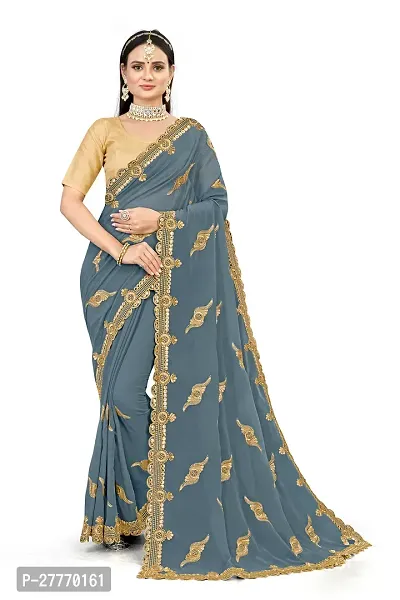 Stylish Georgette Grey Embroidered Saree with Blouse piece