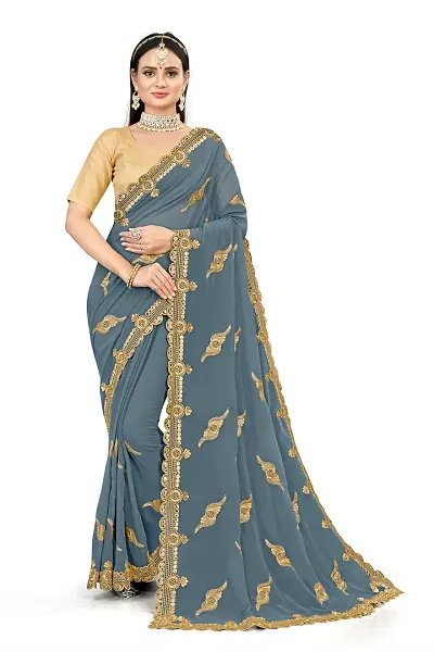 Stylish Georgette Embroidered Saree with Blouse piece