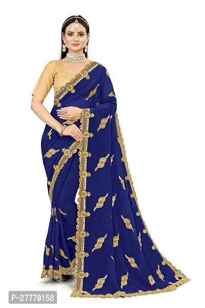 Stylish Georgette Blue Embroidered Saree with Blouse piece