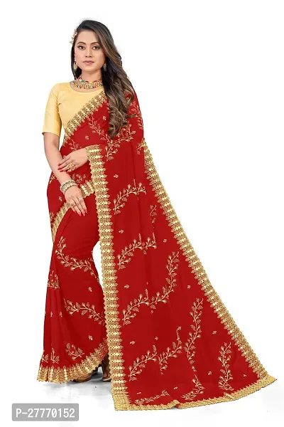 Stylish Georgette Red Embroidered Saree with Blouse piece-thumb0