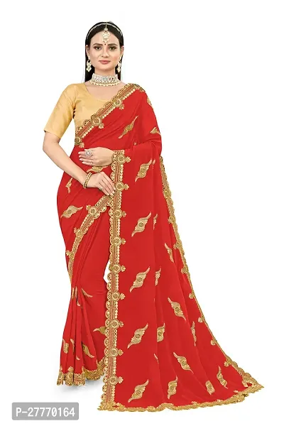 Stylish Georgette Red Embroidered Saree with Blouse piece