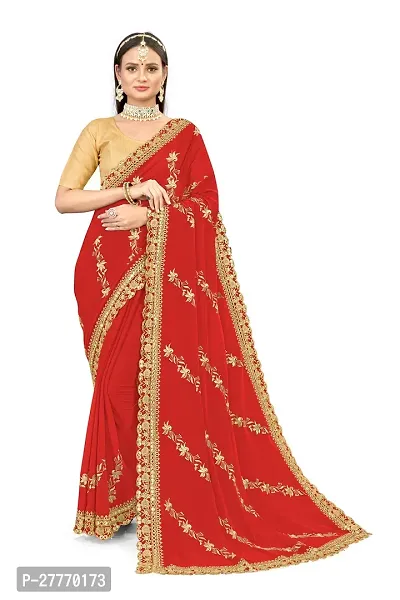 Stylish Georgette Red Embroidered Saree with Blouse piece-thumb0