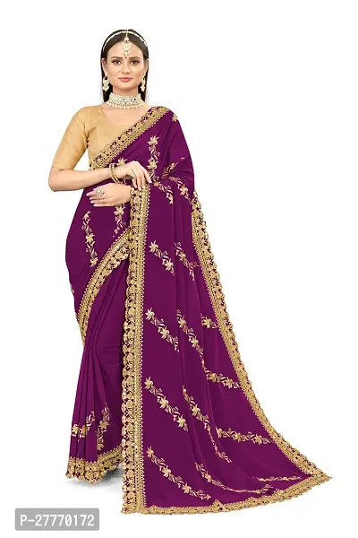 Stylish Georgette Purple Embroidered Saree with Blouse piece-thumb0