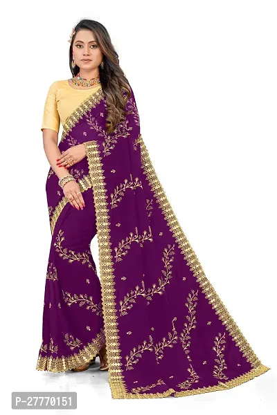 Stylish Georgette Purple Embroidered Saree with Blouse piece