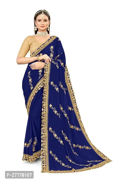 Stylish Georgette Blue Embroidered Saree with Blouse piece