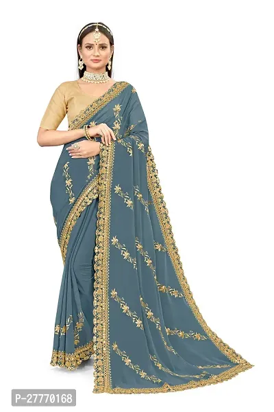 Stylish Georgette Grey Embroidered Saree with Blouse piece-thumb0