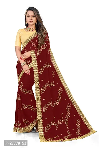 Stylish Georgette Maroon Embroidered Saree with Blouse piece