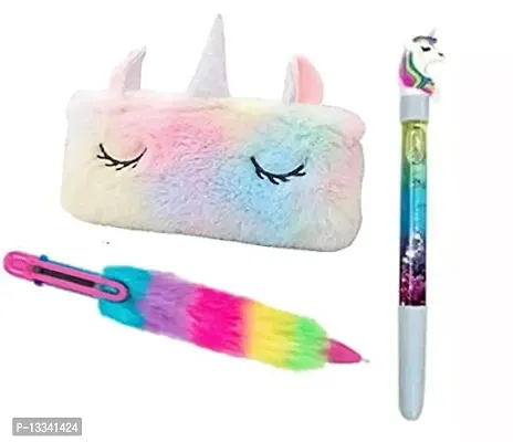 Cute and fancy unicorn fur pouch, unicorn glitter pen with 6in1 fur pen for birthday return gift