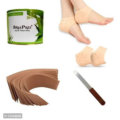 BREEPREE Full Body Hair Removal Waxing Kit Combo- Aloe Vera Wax (600 g) Tin Can + Non-Woven Brown Waxing Strips (30) + Wax Applicator Knife and Anti Crack Foot Silicon Heel Socks