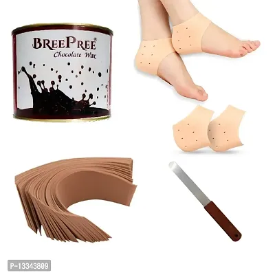 BREEPREE Full Body Hair Removal Waxing Kit Combo- Chocolate Wax (600 g) Tin Can + Non-Woven Brown Waxing Strips (30) + Wax Applicator Knife and Anti Crack Foot Silicon Heel Socks-thumb0