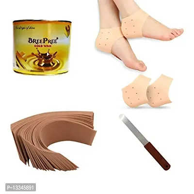 BREEPREE Full Body Hair Removal Waxing Kit Combo- Gold Wax (600 g) Tin Can + Non-Woven Brown Waxing Strips (30) + Wax Applicator Knife and Anti Crack Foot Silicon Heel Socks