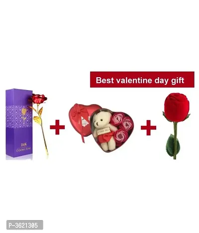 Valentine Gift Heart Shape Box With Teddy And Gold Plated Rose For Girlfriend Teddy Day Rose Day-thumb0