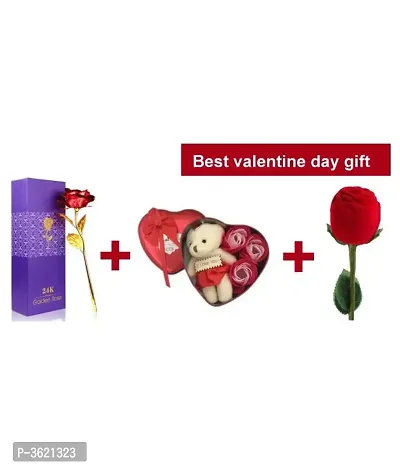 Velvet Red Rose Jewellery Ring Box,Valentine Gift Heart Shape Box With Teddy And Gold Plated Red Rose For Girlfriend