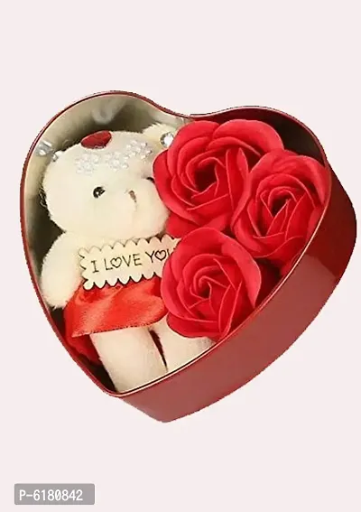 Fabric Heart Shape Box With Teddy and Roses-thumb0