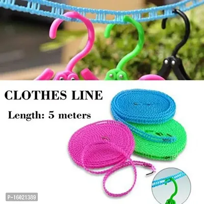 2 Pcs Windproof Anti-Slip Clothes Washing Line Drying Nylon Rope with Hooks/ Nylon Clothesline Rope - 5 Meter (Multicolor)-thumb0