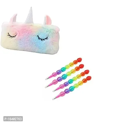 Feather Unicorn Pouch and 4 Piece Moti Pencil for Kids Combo Set of 5 Art Polyester Pencil Box (Set of 5, Multicolor)