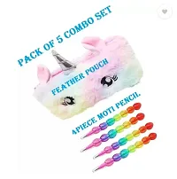 Feather Unicorn Pouch and 4 Piece Moti Pencil for Kids Combo Set of 5 Art Polyester Pencil Box (Set of 5, Multicolor)-thumb2