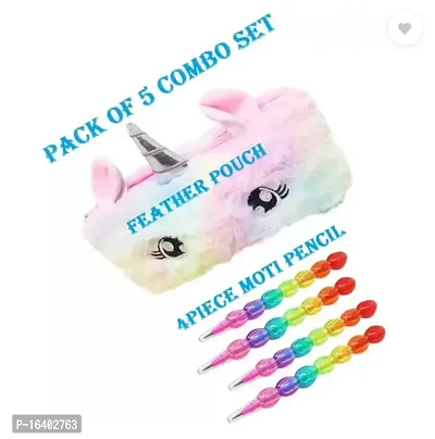 Feather Unicorn Pouch and 4 Piece Moti Pencil for Kids Combo Set of 5 Art Polyester Pencil Box (Set of 5, Multicolor)-thumb3