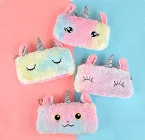 BREEPREE Combo of 4 Pcs Unicorn Pencils and 1 Unicorn Fur Pouch Pencil Case Zipper Closer Soft Pencil Pouch  Unicorn Stationery 5 Pcs-thumb1