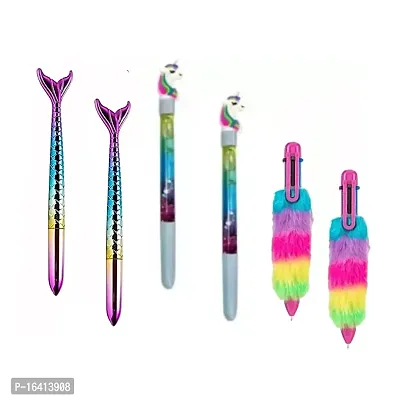 Unicorn Pen Combo - 2 Unicorn Water Pen / 2Mermaid Pen / 2 Fur Pen for Kids Girls (Pack of 6)-thumb0