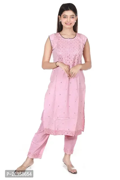 Trendy Pink Embroidered Cotton Straight Kurta Pant Set For Women-thumb0