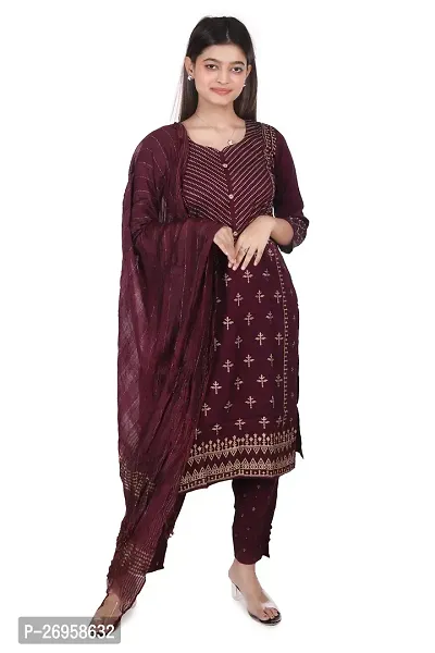 Trendy Maroon Embroidered Cotton Straight Kurta Pant With Dupatta For Women-thumb0