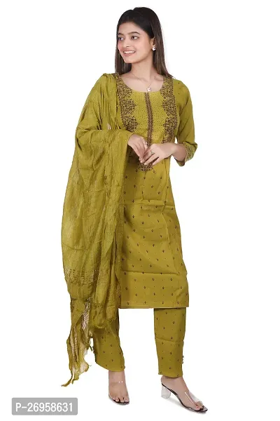 Trendy Green Embroidered Cotton Straight Kurta Pant With Dupatta For Women
