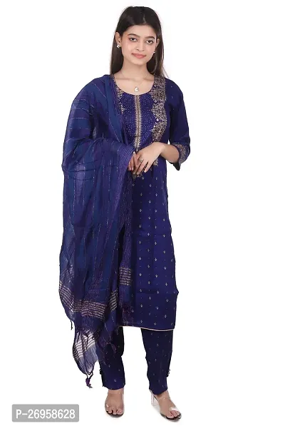 Trendy Navy Blue Embroidered Cotton Straight Kurta Pant With Dupatta For Women-thumb0