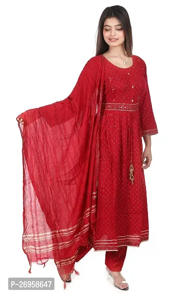 Trendy Red Embroidered Cotton Straight Kurta Pant With Dupatta For Women-thumb0