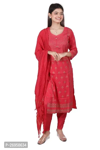 Trendy Red Embroidered Cotton Straight Kurta Pant With Dupatta For Women