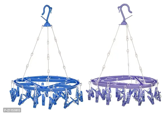 Stri Plastic Cloth Drying Stand Hanger with 24 Clips/pegs, Baby Clothes Hanger Stand (Blue-Purple, Medium)-thumb0