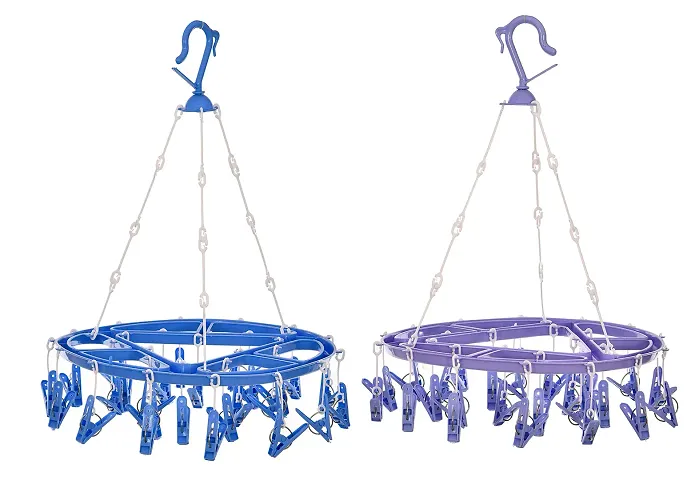 Stri Plastic Cloth Drying Stand Hanger with 24 Clips/pegs, Baby Clothes Hanger Stand (Blue-Purple, Medium)