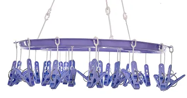 Stri Plastic Cloth Drying Stand Hanger with 24 Clips/pegs, Baby Clothes Hanger Stand (Green-Purple, Medium)-thumb3