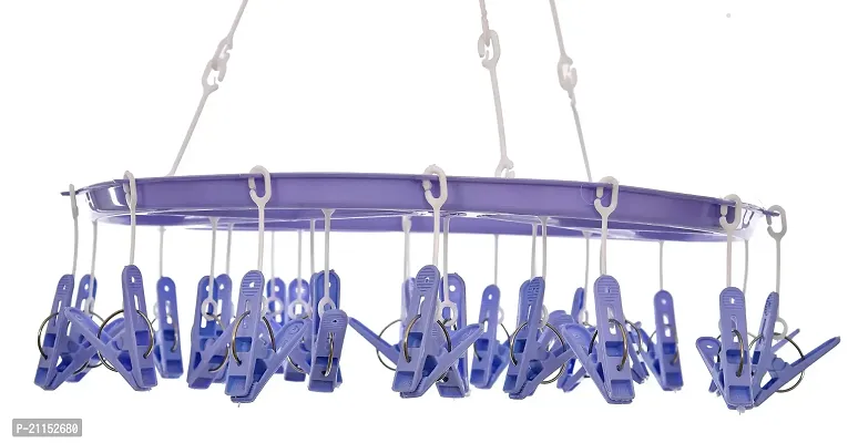 Stri Plastic Cloth Drying Stand Hanger with 24 Clips/pegs, Baby Clothes Hanger Stand (Green-Purple, Medium)-thumb4