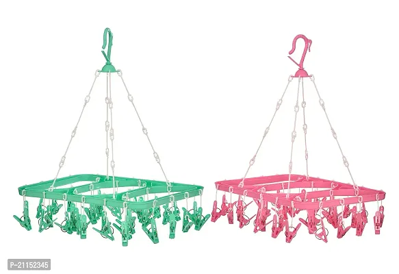 Stri Plastic Cloth Drying Stand Hanger with 24 Clips/pegs, Baby Clothes Hanger Stand (Green-Pink, Square)