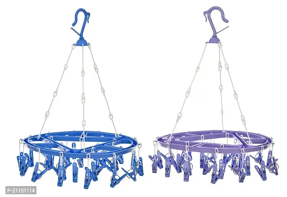 Stri Plastic Cloth Drying Stand Hanger with 24 Clips/pegs, Baby Clothes Hanger Stand (Blue-Purple, Medium)-thumb0