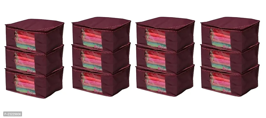 Annora International Set Of 12 Foldable Saree Covers / Clothes Storage Bag / Wardrobe Organizer With Transparent Window And Zip For Lehenga, Suit, Dress  Accessories(Pack Of 12) Maroon