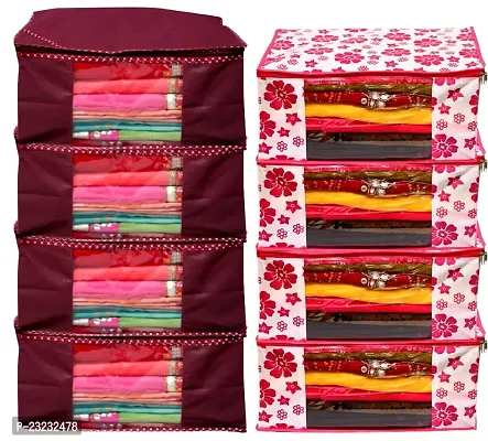 Saree Cover Set of 8 with Transparent Windo and Zipper Closure Storage Box Warderobe Organizer-thumb0