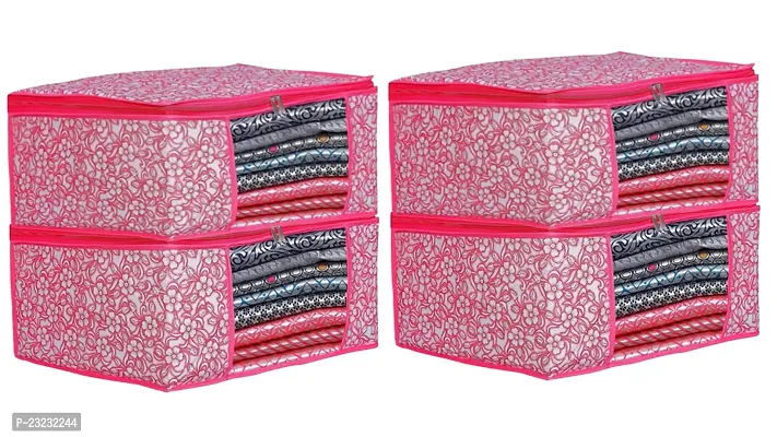 ANNORA INTERNATIONAL, Saree Cover with Zip/Storage Box with transparent window/Cloths Cover/Saree Cover for Storage/Garment Cover Pink Patti Print(Pack of 4)-thumb0