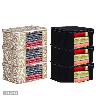 ANNORA INTERNATIONAL, Saree Cover with Zip/Storage Box with transparent window/Saree Cover for Storage/Garment Cover/Cloth Organiser Combo set pack of 6(Golden Flower and Solid Black Cover)