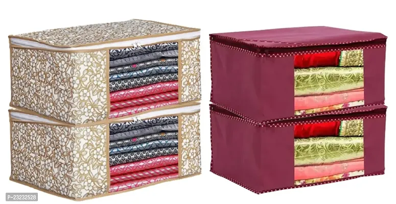 Golden and Maroon Saree Cover with Transparent Window and Zipper Closure Storage Box Bag Set of 4