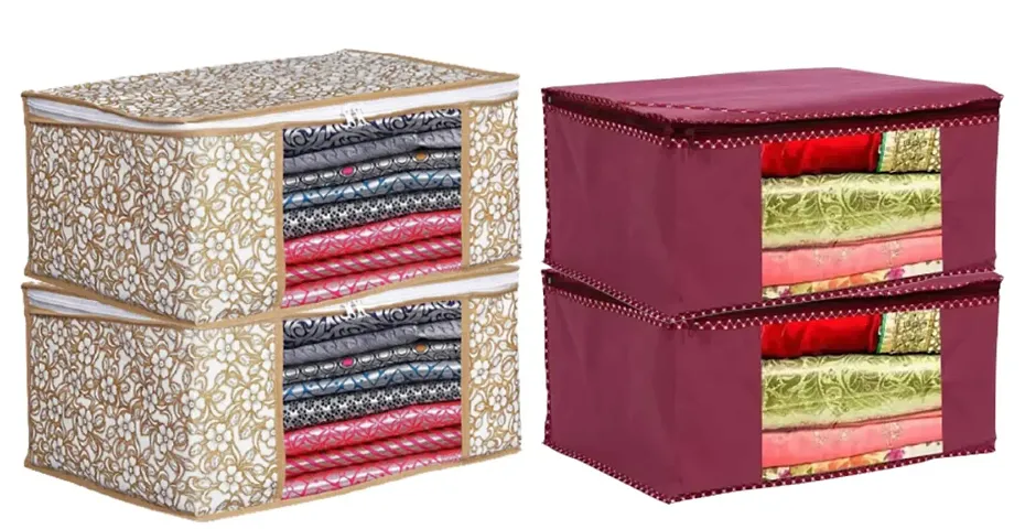 Annora International Saree Covers With Zip, Storage Organizer/Storage Box For Clothes With Window/Cloth Storage Box/Saree Cover For Storage/Cloth Organiser For Wardrobe (Pack Of 4,Multi)