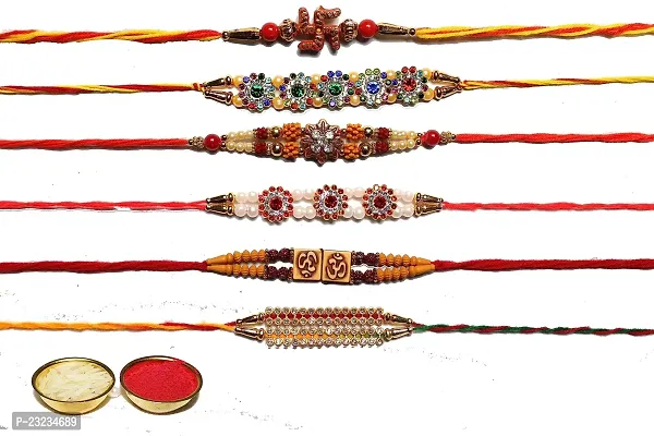 ANNORA INTERNATIONAL Beautiful Designer Rakhi witl Roli and Chawal/Different Rakhi Combo Set/New Rakhi for Brothers WITH Greeting Card (Pack of 6)