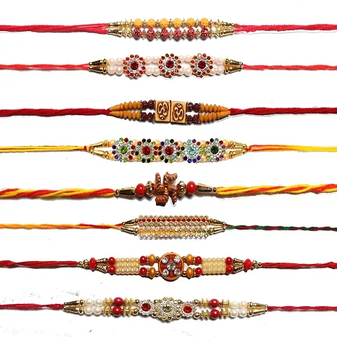 ANNORA INTERNATIONAL RAKSHABANDHAN RAKHI COMBO BEAUTIFUL RAKHI COMBO WITH ROLI AND CHAWAL PACK WITH GREETING CARD (PACK OF 8)