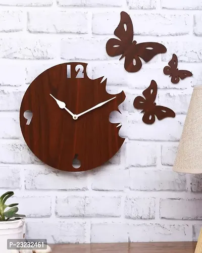 ANNORA INTERNATIONAL Wooden Wall Clock for Home, Analogue Wall Clock for Home Stylish Wall Clock for Home Decor, Designer Wall Clock Wooden (3 Butterfly BRN)-thumb0